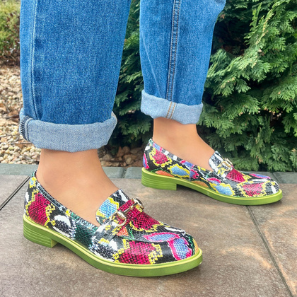 Kolorowe skórzane mokasyny - TYMOTEO A1005 KOLOROWY WĄŻ+ZIELONY