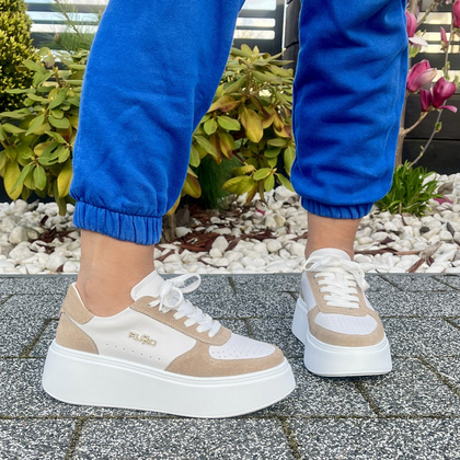 Skórzane sneakersy damskie - FILIPPO DP6047/24 BIAŁO-BEŻOWE