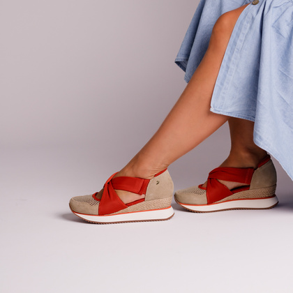 Hiszpańskie sneakersy na koturnie - GIOSEPPO 74059 BEŻOWO-CZERWONE