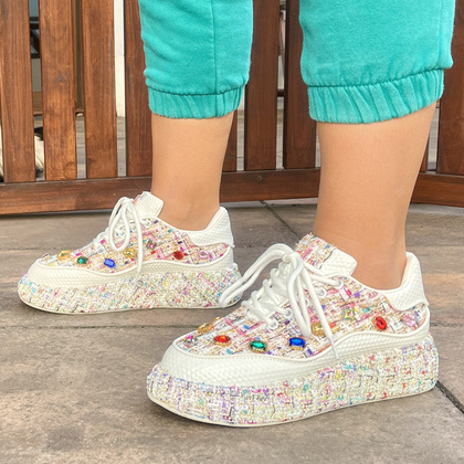 Sneakersy damskie z kryształkami - TYMOTEO LOVE 05 BEŻOWE