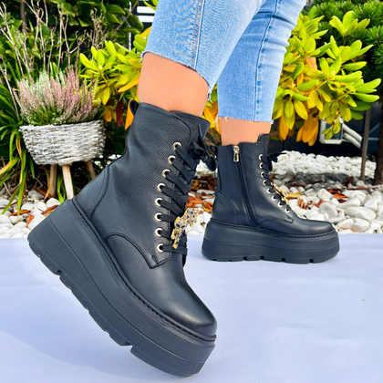 Skórzane workery na platformie - KARINO 5329 CZARNE