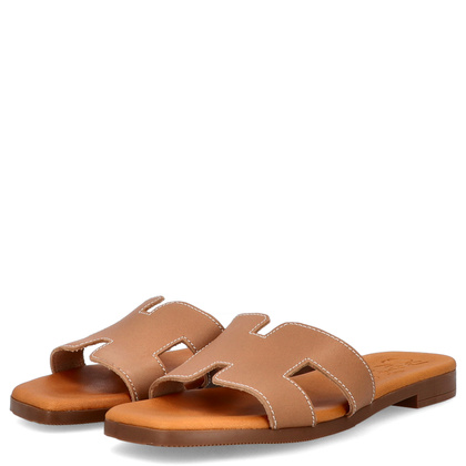 Wygodne klapki ze skóry - OH! MY SANDALS 5566 JASNY BRĄZ