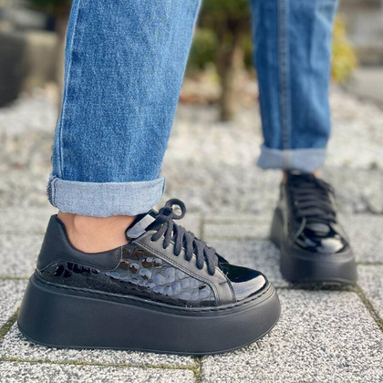 Skórzane sneakersy na grubej podeszwie - TYMOTEO P1020 CZARNE