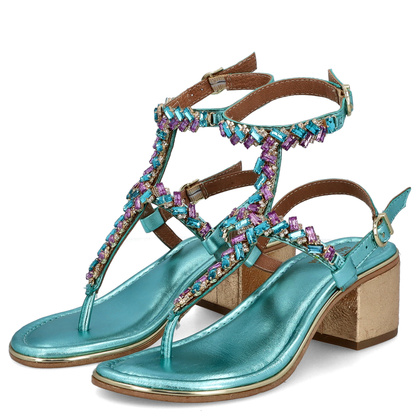 Zdobne sandały na obcasie - BOTTEGA SMERALDA 407CLC TURKUSOWE