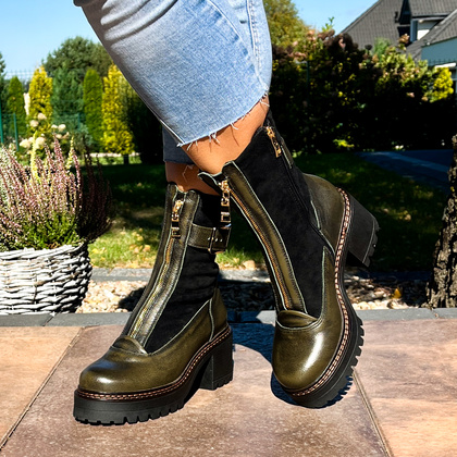 Skórzane botki na platformie - SIMEN 7197A KHAKI