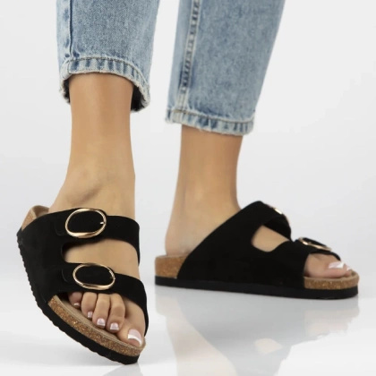 Skórzane klapki na korku - FILIPPO DK7061/25 CZARNE