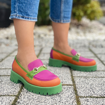 Kolorowe mokasyny ze skóry - TYMOTEO A1003 POMARAŃCZ ZIELEŃ RÓŻ