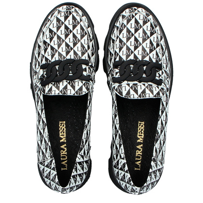 Skórzane mokasyny z ozdobą - LAURA MESSI 2601 CZARNO - BIAŁE