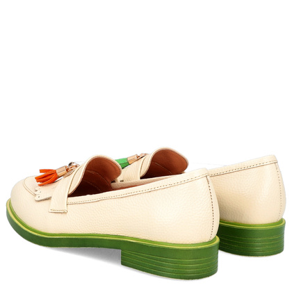 Skórzane mokasyny na kontrastowej podeszwie - TYMOTEO A1002 BEŻ+ZIELONY