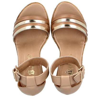 Sandały damskie na koturnie - TYMOTEO M2148 BEŻOWO ZŁOTE