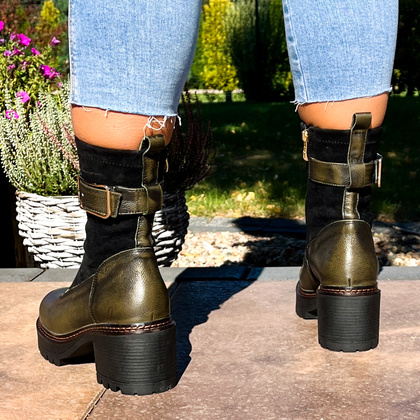 Skórzane botki na platformie - SIMEN 7197A KHAKI