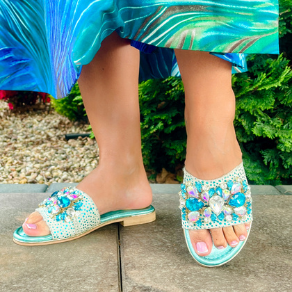 Zdobne klapki ze skóry - BOTTEGA SMERALDA 214WLD TURKUSOWE