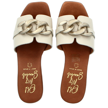 Skórzane klapki z ozdobą - OH! MY SANDALS 5348 BEŻOWE