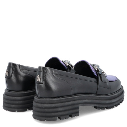 Skórzane mokasyny z ozdobą - LAURA MESSI 2692 CZARNO-FIOLETOWE