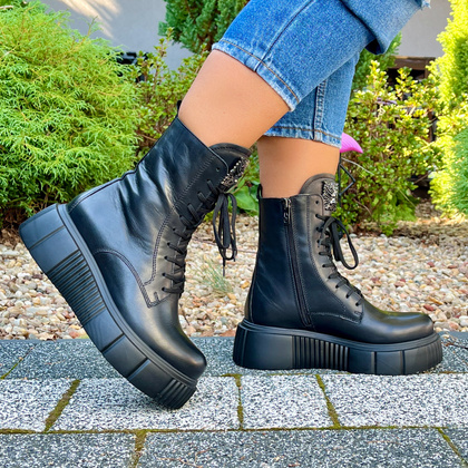 Skórzane workery na platformie - SIMEN 5734A CZARNE