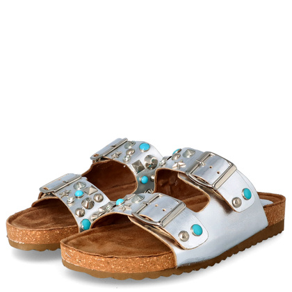 Skórzane klapki z klamerkami - EKP 3450 SREBRNE