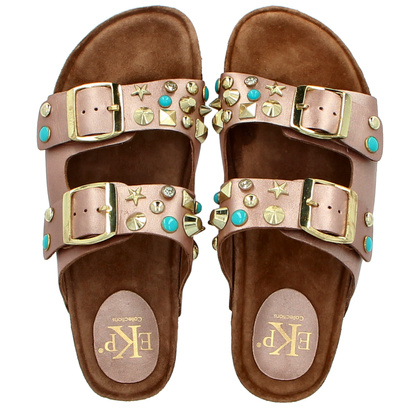 Skórzane klapki z klamerkami - EKP 3450 RÓŻOWE ZŁOTO