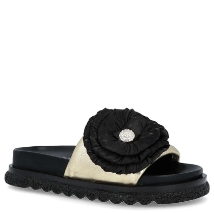 Skórzane klapki damskie z kwiatem - BOCCATO 475.24-121 ZŁOTE