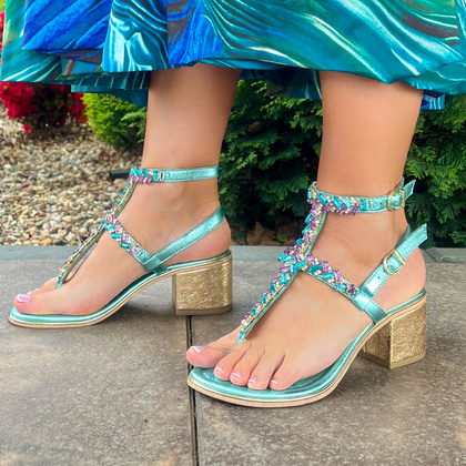 Zdobne sandały na obcasie - BOTTEGA SMERALDA 407CLC TURKUSOWE