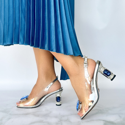 Sandały na efektownym obcasie - SCAVIOLA S-217 SREBRNO-SZAFIROWE