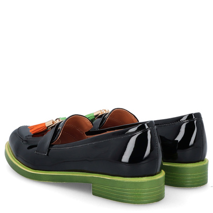 Skórzane mokasyny na kontrastowej podeszwie - TYMOTEO A1002 CZARNE+ZIELONY