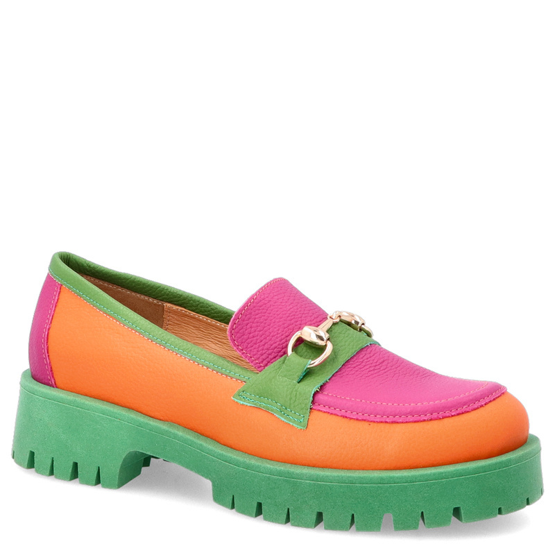 Kolorowe mokasyny ze skóry - TYMOTEO A1003 POMARAŃCZ ZIELEŃ RÓŻ