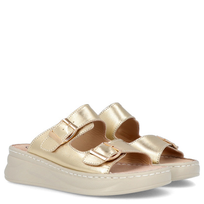 Skórzane klapki na platformie - FILIPPO DK7044/25 ZŁOTY