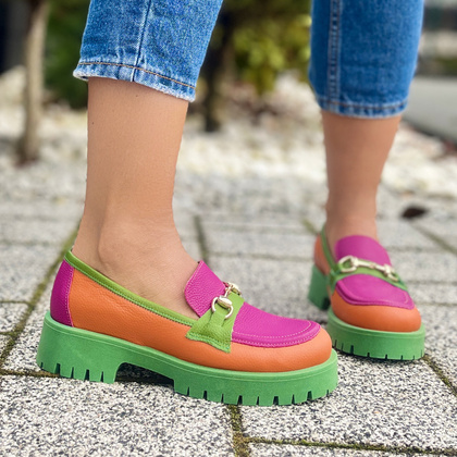 Kolorowe mokasyny ze skóry - TYMOTEO A1003 POMARAŃCZ ZIELEŃ RÓŻ