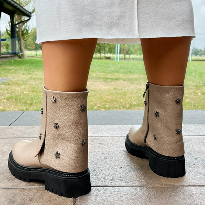 Skórzane botki z wywijaną cholewką - TYMOTEO G1068 BEŻOWE