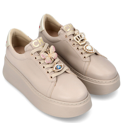 Sneakersy skórzane z ozdobami - CHEBELLO 4292 BEŻOWE