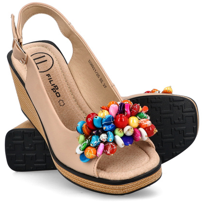 Skórzane sandały na koturnie - FILIPPO DS6021/25 BEŻOWE