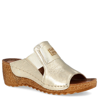 Skórzane klapki na koturnie - LEMAR 50109 ZŁOTE