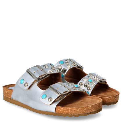 Skórzane klapki z klamerkami - EKP 3450 SREBRNE