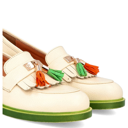 Skórzane mokasyny na kontrastowej podeszwie - TYMOTEO A1002 BEŻ+ZIELONY