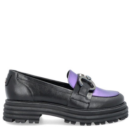 Skórzane mokasyny z ozdobą - LAURA MESSI 2692 CZARNO-FIOLETOWE
