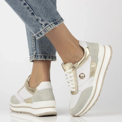 Skórzane sneakersy damskie - FILIPPO DP6858/25 BIAŁO-ZŁOTE
