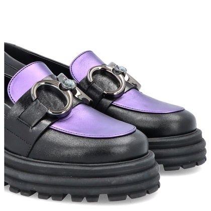 Skórzane mokasyny z ozdobą - LAURA MESSI 2692 CZARNO-FIOLETOWE