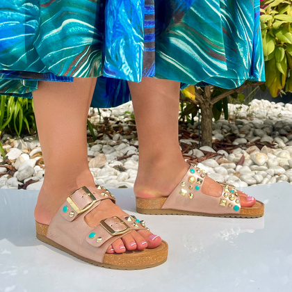 Skórzane klapki z klamerkami - EKP 3450 RÓŻOWE ZŁOTO