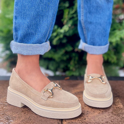 Skórzane mokasyny z klamrą - TYMOTEO L1053 BEŻOWE