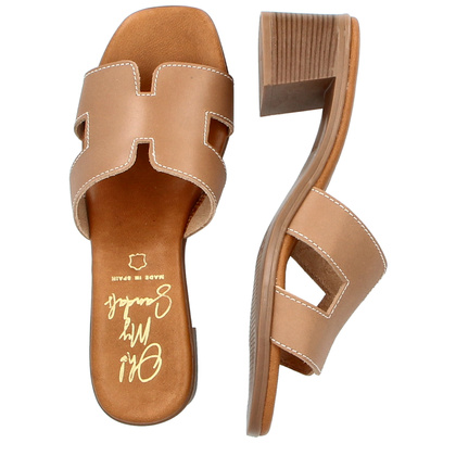 Skórzane klapki na obcasie - OH! MY SANDALS 5610 BRĄZOWE