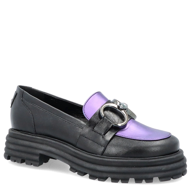 Skórzane mokasyny z ozdobą - LAURA MESSI 2692 CZARNO-FIOLETOWE