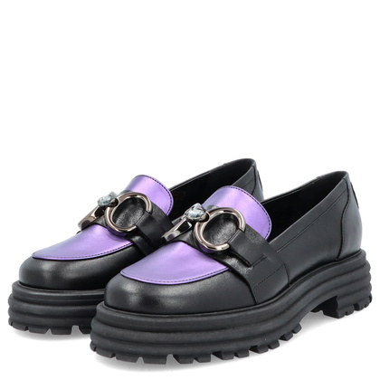 Skórzane mokasyny z ozdobą - LAURA MESSI 2692 CZARNO-FIOLETOWE