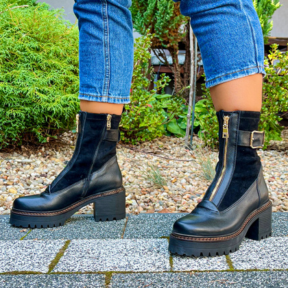 Skórzane botki na platformie - SIMEN 7197A CZARNY