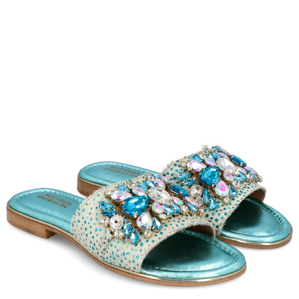 Zdobne klapki ze skóry - BOTTEGA SMERALDA 214WLD TURKUSOWE