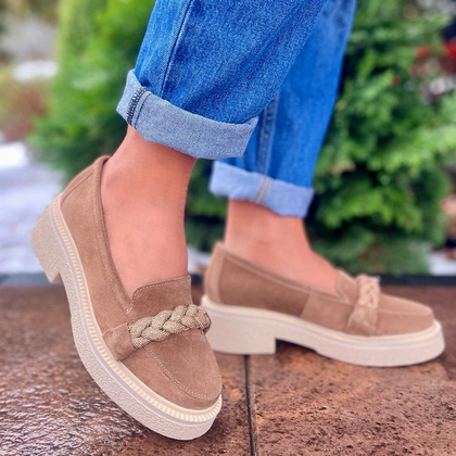 Skórzane mokasyny z ozdobą - TYMOTEO L1054 BRĄZOWE