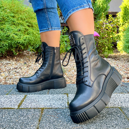 Skórzane workery na platformie - SIMEN 5734A CZARNE