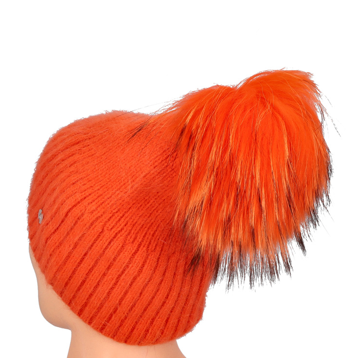 Czapka damska z pomponem - RABIONEK AN23.06PNJ POMARAŃCZOWA