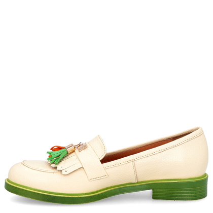 Skórzane mokasyny na kontrastowej podeszwie - TYMOTEO A1002 BEŻ+ZIELONY