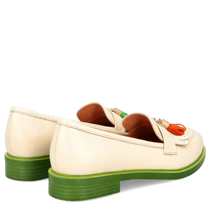 Skórzane mokasyny na kontrastowej podeszwie - TYMOTEO A1002 BEŻ+ZIELONY