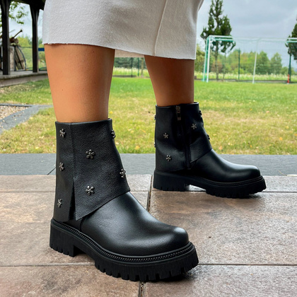 Skórzane botki z wywijaną cholewką - TYMOTEO G1068 CZARNE